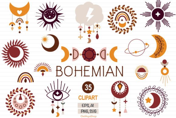 Download Bohemian Moon Clipart, Moonchild Set - Bohemian moon Collection