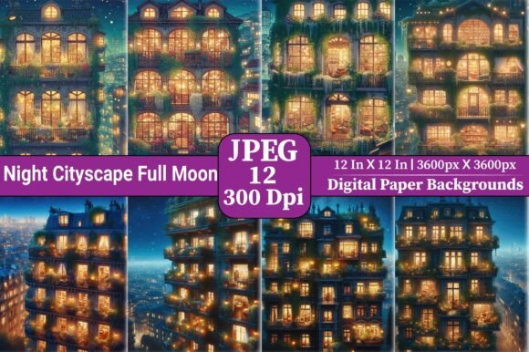 Download Night Cityscape Full Moon Digital Paper - Moon digital paper Collection
