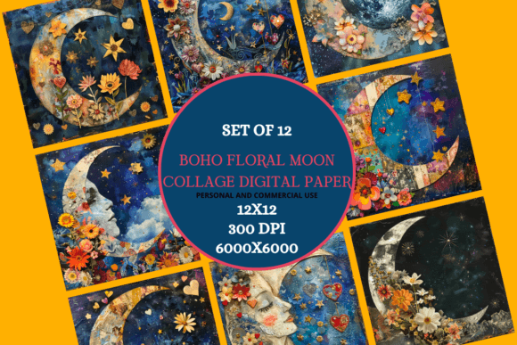 Download Boho Floral Collage Moon Digital Paper - Moon digital paper Collection